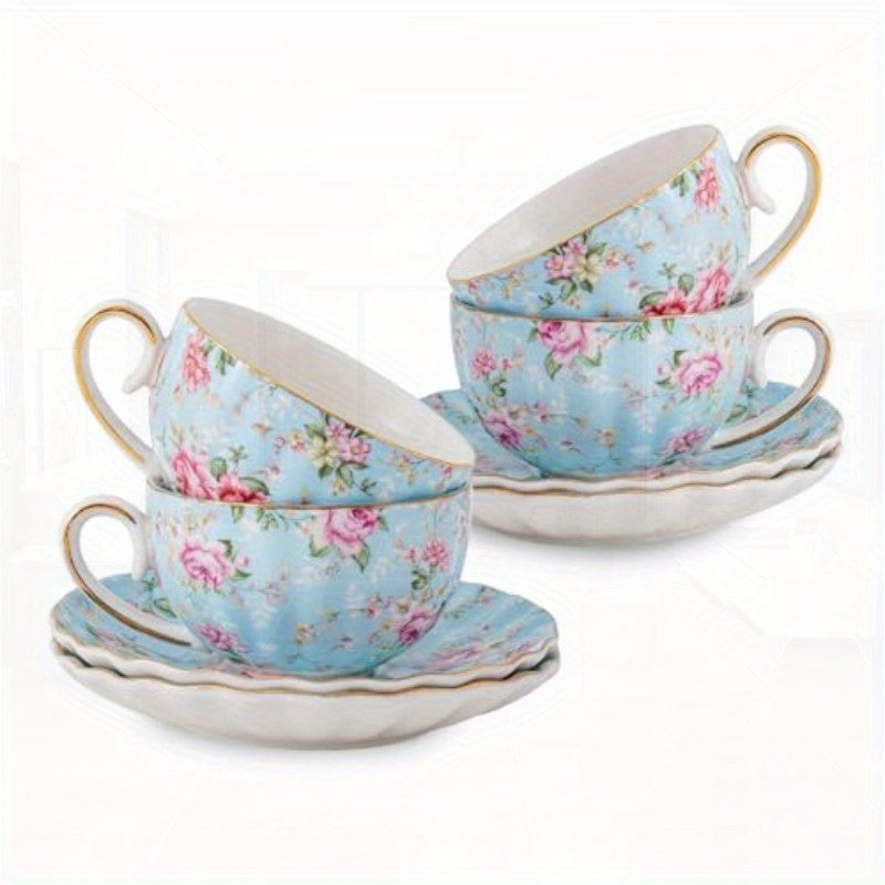 Tea Cup and Saucers 6. 4oz Floral Tea Cups with Golden Trim Porcelain Bone China Teacup Coffee Cappuccino Espresso Latte Mugs for Party Birthday Party Cafe Home Christmas Gift Green
