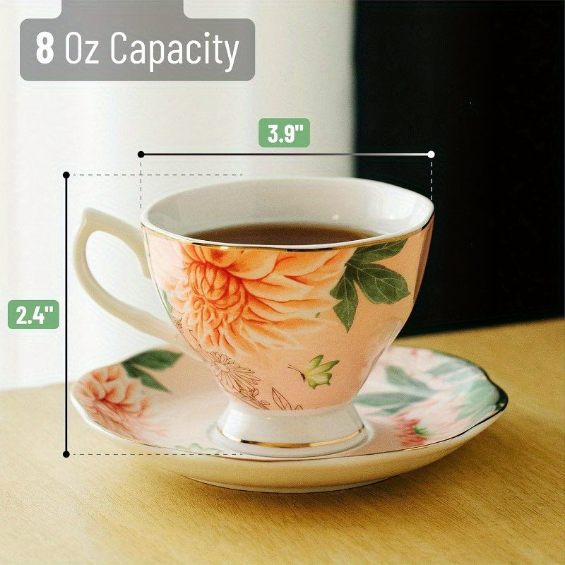 BTaT Floral Tea Cups and Saucers Set of 6 8oz Porcelain Tea Cups Set of 6 Pastel Flower Garden Design with Golden Trim Dishwasher Safe, Tea Cup And Spoon Set, Porcelain Tea Cup, Chinese Tea Ware, Tea Spoon Set, Tea Cup Set with Spoon, Home Dining, Tea