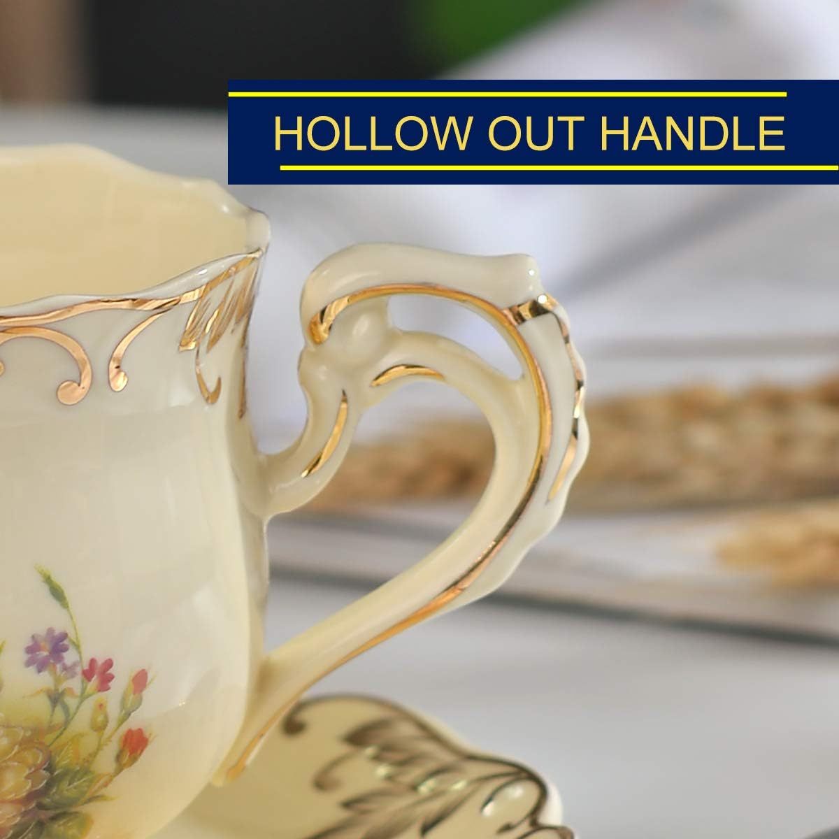 YOLIFE Vintage Floral Tea Cup and Saucer Set with Golden Trim - Elegant 8oz Ceramic Tea Service, Elegant Beige & Golden Floral Pattern, Dishwasher Safe (Hand Wash Recommended) - Luxury Tea Set for Women, Wedding, Anniversary, Housewarming Gifts - Elegant