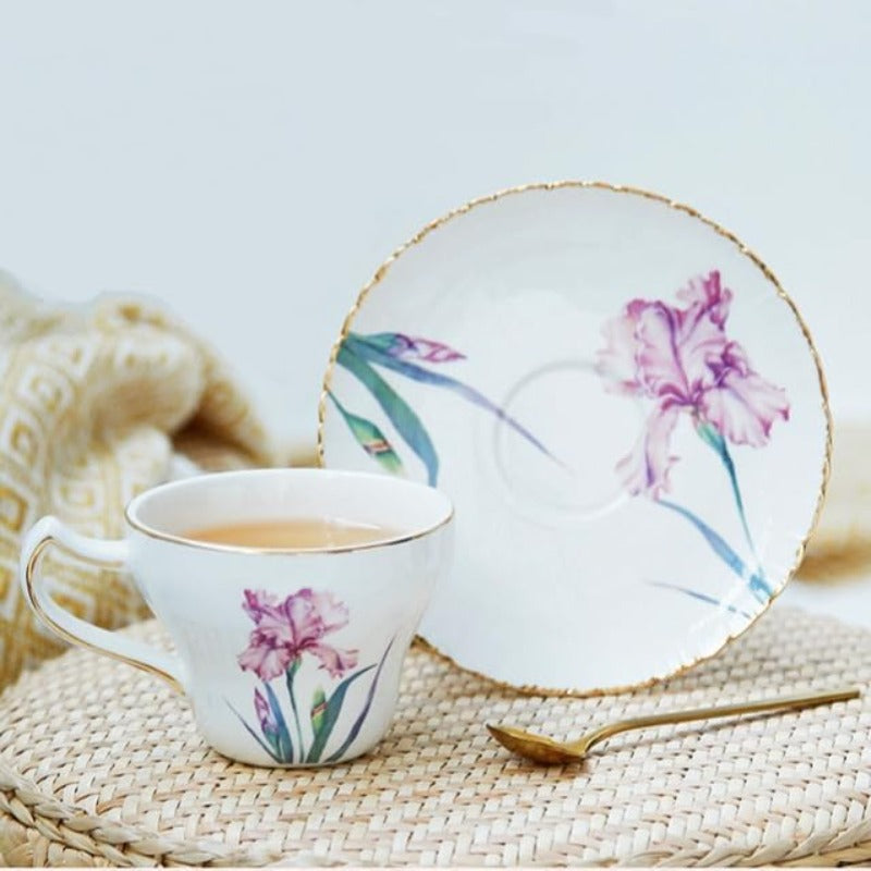 Bone China Tea Cup Set with Saucer Spoon 3 Piece Set 7oz Cappuccino Latte Cups Porcelain British Style Mother's Day Gift (Pink Iris)