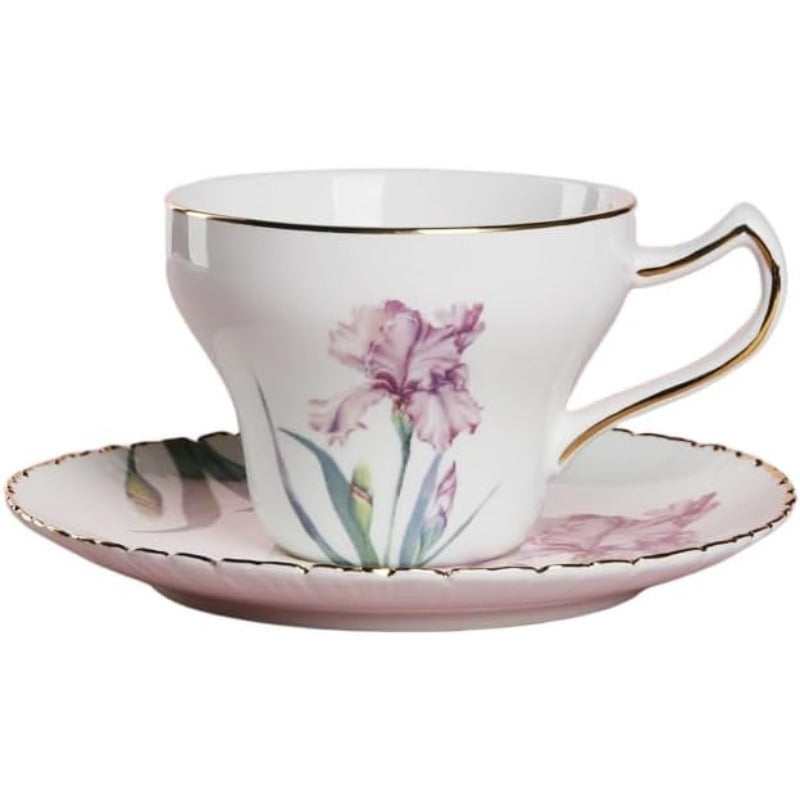 Bone China Tea Cup Set with Saucer Spoon 3 Piece Set 7oz Cappuccino Latte Cups Porcelain British Style Mother's Day Gift (Pink Iris)