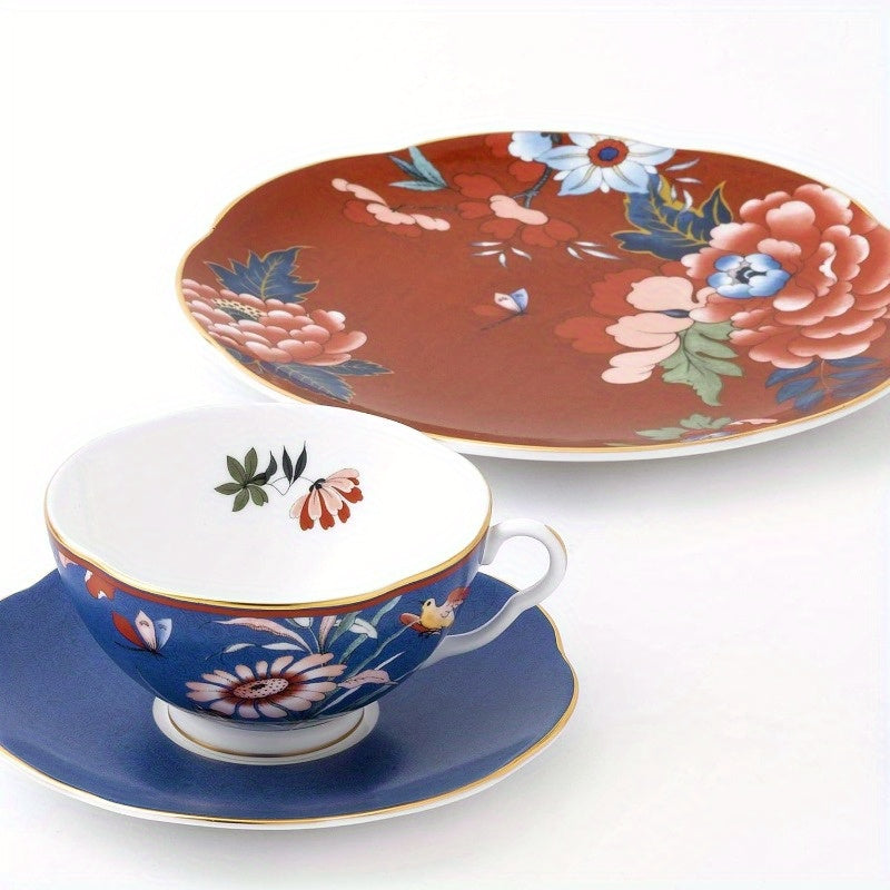 Paeonia Blush Teacup and Saucer - Blue Fine Bone China, 6.76oz, Hand Wash Only, Reusable, Elegant Floral Design with Pink, White, and Green Flowers, Perfect for Travel and Home Use, Home Tea Accessories | Elegant Floral Design | Durable Teacup, Tea