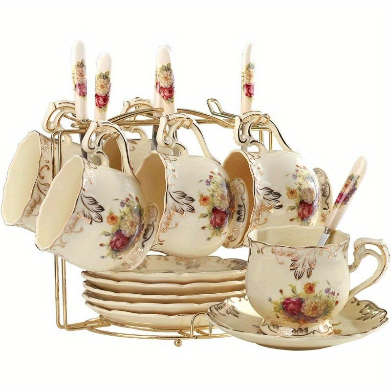 Flowering Shrubs Tea Cups and Saucers Set of 6 Ivory Ceramic Floral Tea Cups Set with Golden Rack Coffee Cups 8oz, Cups for Tea, Porcelain Tea Cup, Teacup, Tea Sets, Elegant Tableware, Tea Party Supplies, Vintage Tea Ware, Decorative Teacups, Fine China