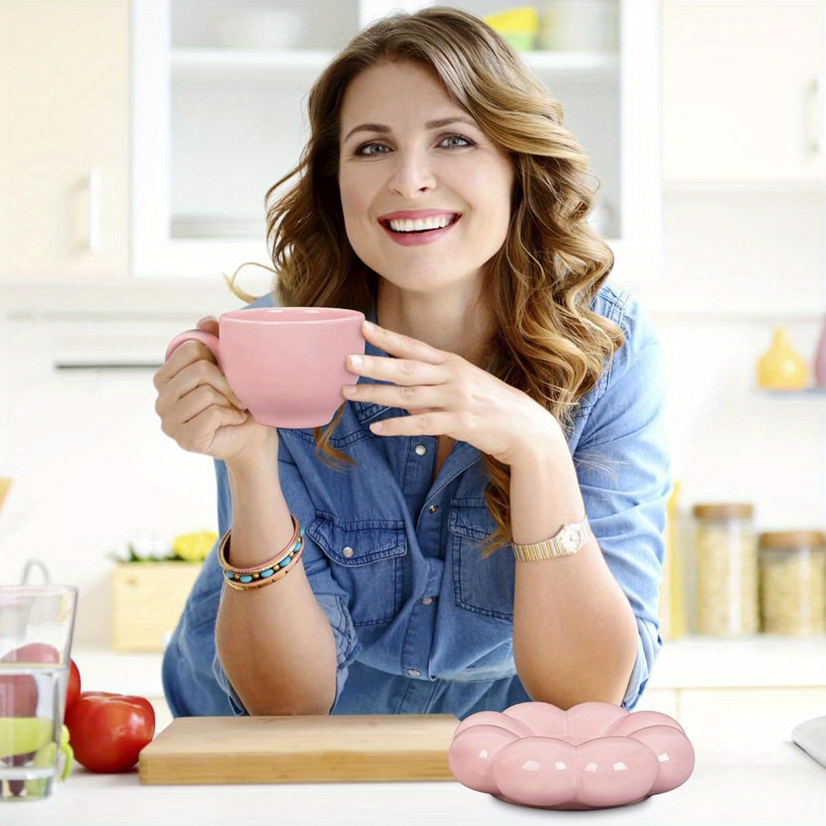 Women'S Coffee Mug Set with Saucer & Spoon - Microwave & Dishwasher Safe Cup, Elegant Floral-like design, Pastel Peach Pink - Ideal Gift for Mom, Wife, Girlfriend - Latte, Tea, Cocoa Cup - Kitchen & Dining Essentials, Home Drinkware, Stylish Drinkware,