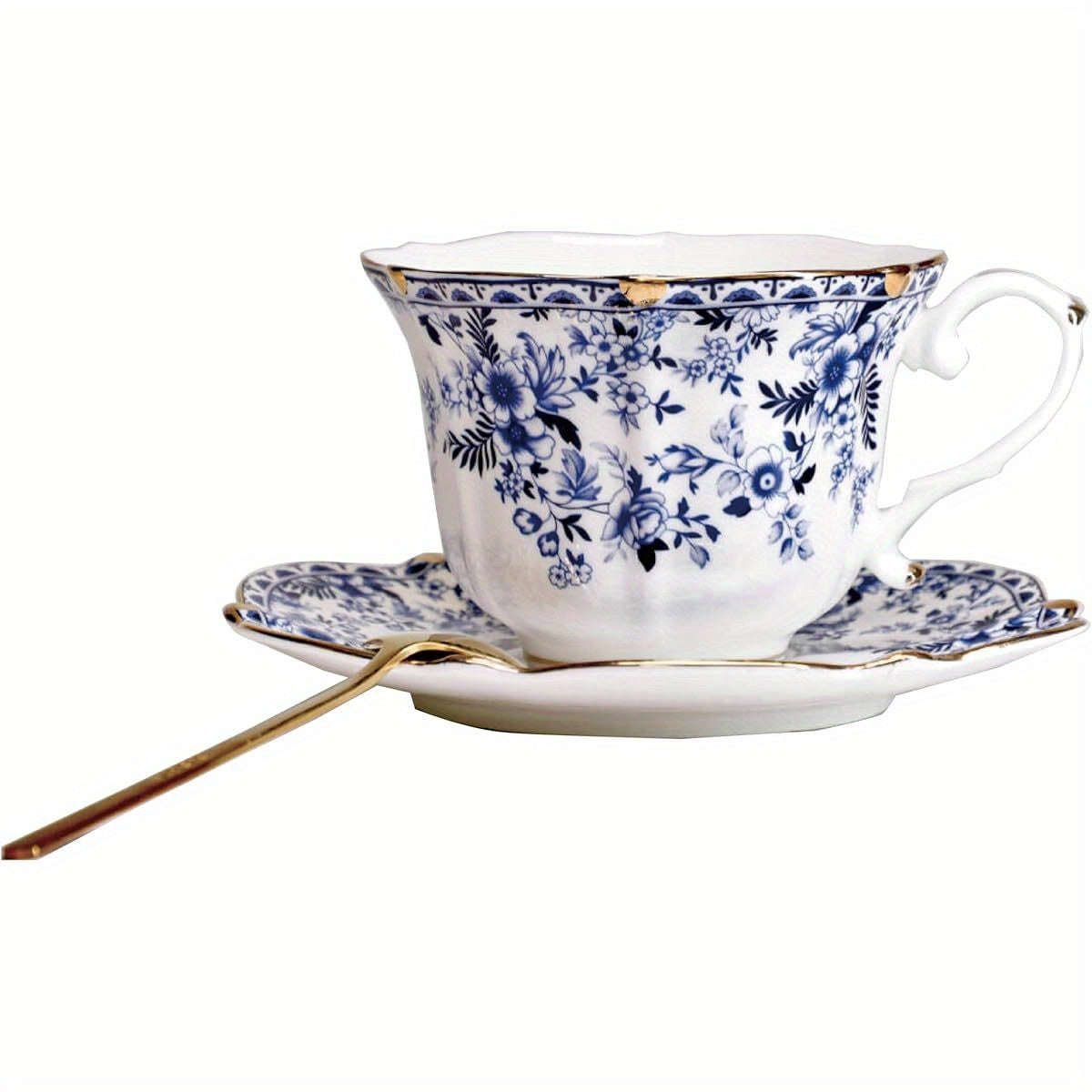 Vintage Floral Porcelain Tea Cup and Saucer Set with Golden Trim, Spoon, Espresso, Coffee, Gift Boxes (1, China Flower)