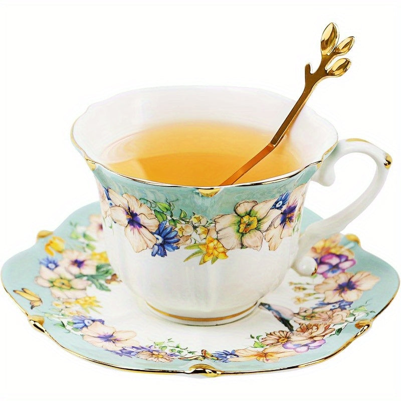 3pcs Vintage Floral Tea Cup and Saucer Set with Golden Trim - Light Cyan Porcelain, Insulated Ceramic, Hand Wash Only, Ideal for Women'S Tea Parties, Includes 1 Cup and 2 Saucers, Tea Party Essentials | Elegant Tableware | Durable Ceramic, Tea Party