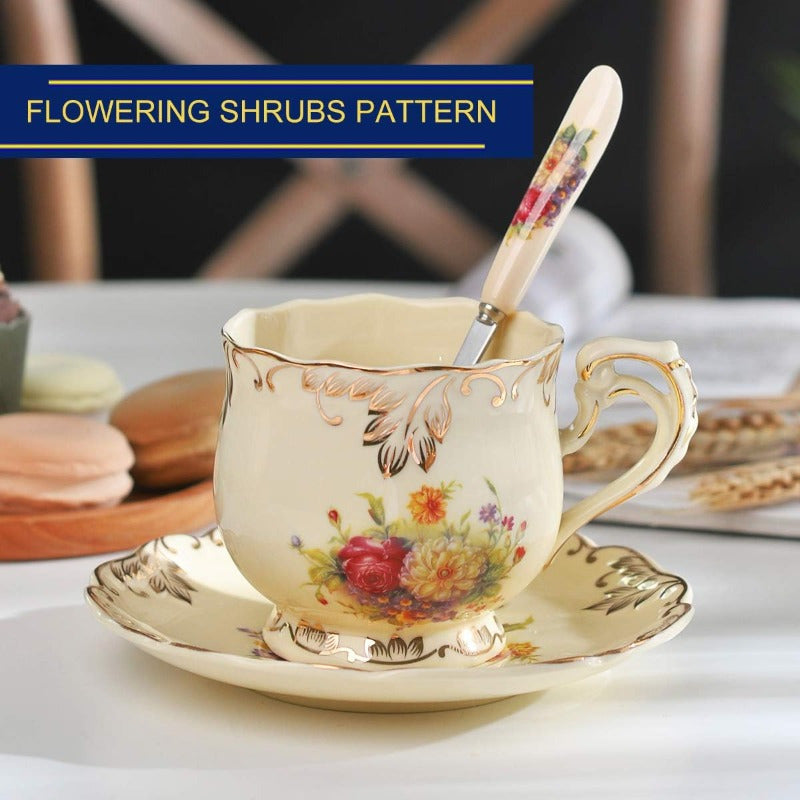 Flowering Shrubs Tea Cups and Saucers Set of 6 Ivory Ceramic Floral Tea Cups Set with Golden Rack Coffee Cups 8oz, Cups for Tea, Porcelain Tea Cup, Teacup, Tea Sets, Elegant Tableware, Tea Party Supplies, Vintage Tea Ware, Decorative Teacups, Fine China