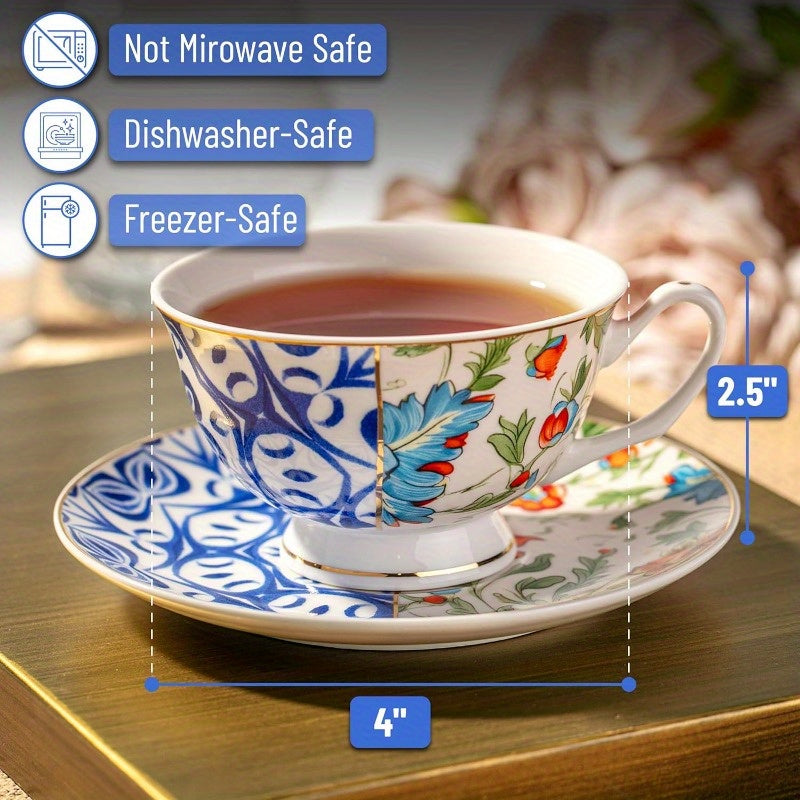 BTaT Set of 6 Vintage Indigo Bloom Floral Porcelain Tea Cups & Saucers - 8oz Elegant Blue & White Bone China-Style Cups with Dishwasher Safe Design, Microwave & Freezer Safe, Stackable for Space-Saving Storage - Ideal for Tea, Coffee, Home or Gifting,