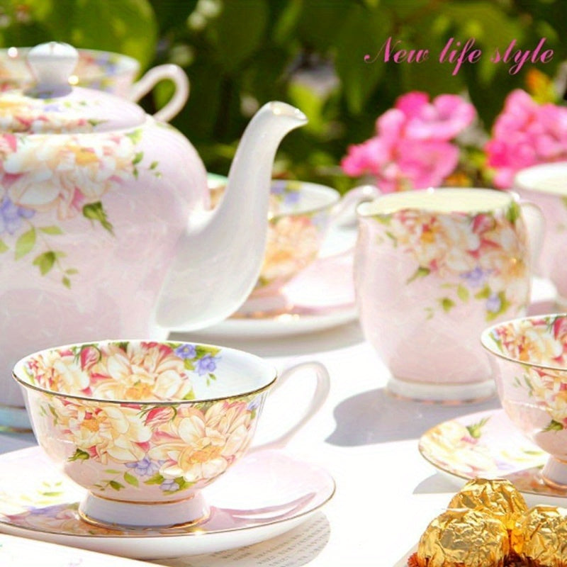1pc Vintage Floral Bone China Tea Cup and Saucer Set - Elegant Pink & Golden English Teacup with Saucer, 7oz Delicate Pastel Colors (Pink, Green, Blue, Yellow, White) for Women's Tea Parties, Birthday, Mother's Day Gift, Hand Wash Only, Dainty Tableware