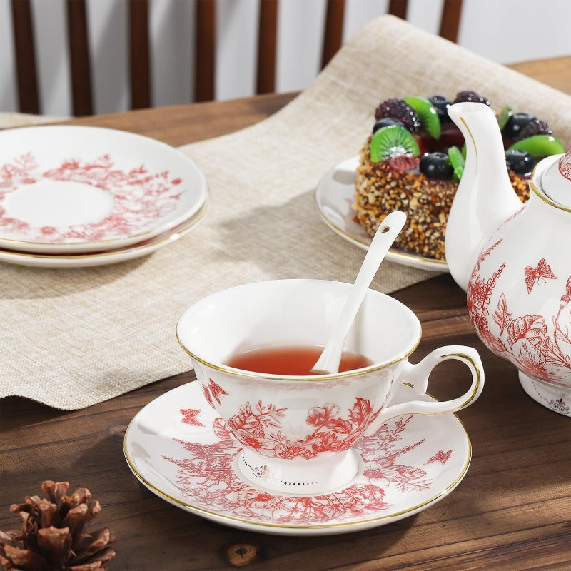 22pcs Vintage Red Floral Porcelain Tea Set with Golden-Rimmed White & Pink Bone China Tea Service, Elegant Serving Tray & Storage Holder - Wedding, Birthday, Anniversary Gift for Women, Tea Party, Everyday Use - Durable & Safe Mineral-Based Porcelain,