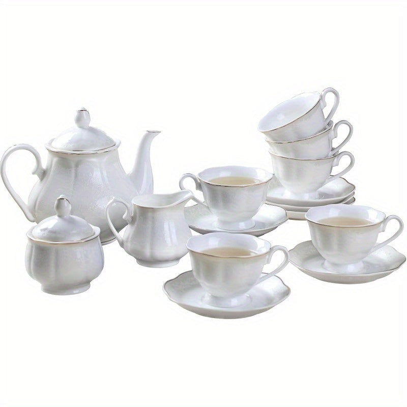 15pcs Porcelain Tea sets for Adults Emed Pattern with Golden Trim A set Included 1 Teapot 1 Sugar Bowl 1 Cream Pitcher 6 Cups and 6 Saucers, Tea Pot And Cup Set, Chinese Tea Ware, Tea Cup Set with Tray, Tea Cups Set, Tea Set with Pot, Home Tea Party,