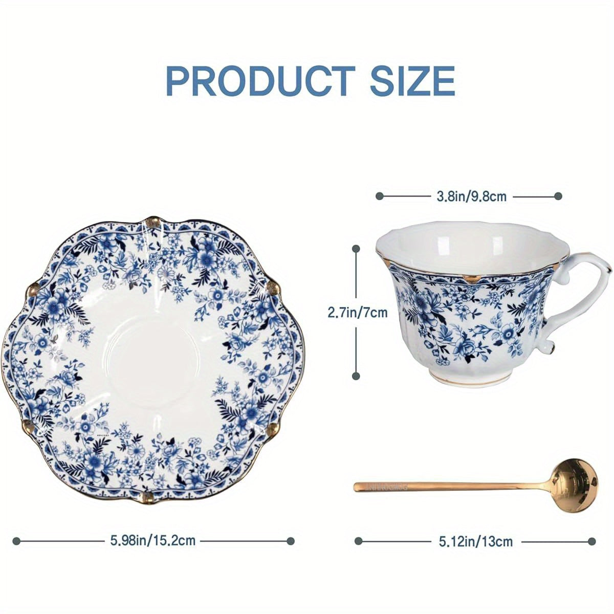 Vintage Floral Porcelain Tea Cup and Saucer Set with Golden Trim, Spoon, Espresso, Coffee, Gift Boxes (1, China Flower)