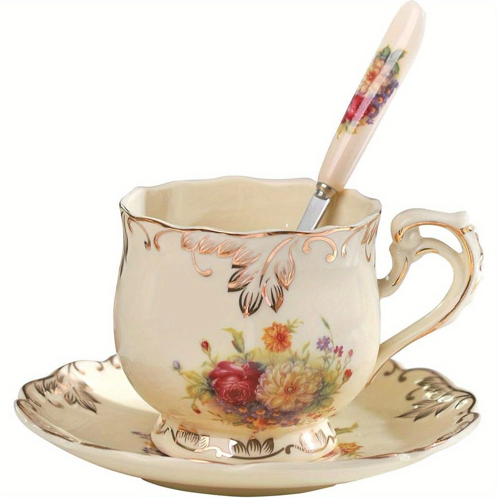 YOLIFE Vintage Floral Tea Cup and Saucer Set with Golden Trim - Elegant 8oz Ceramic Tea Service, Elegant Beige & Golden Floral Pattern, Dishwasher Safe (Hand Wash Recommended) - Luxury Tea Set for Women, Wedding, Anniversary, Housewarming Gifts - Elegant