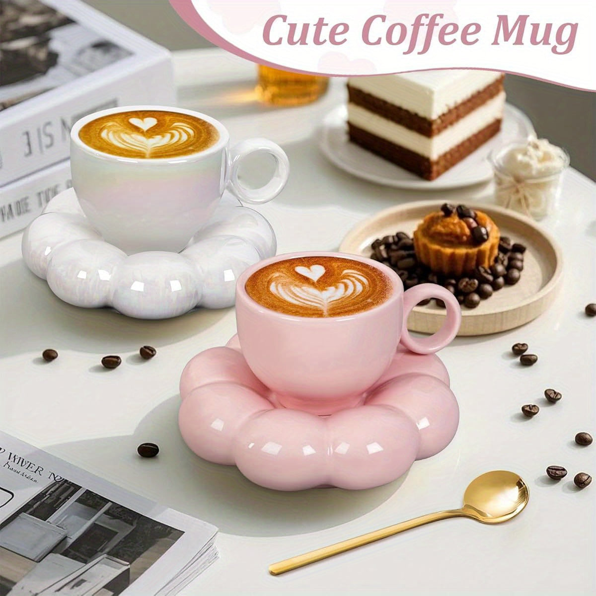 Women'S Coffee Mug Set with Saucer & Spoon - Microwave & Dishwasher Safe Cup, Elegant Floral-like design, Pastel Peach Pink - Ideal Gift for Mom, Wife, Girlfriend - Latte, Tea, Cocoa Cup - Kitchen & Dining Essentials, Home Drinkware, Stylish Drinkware,