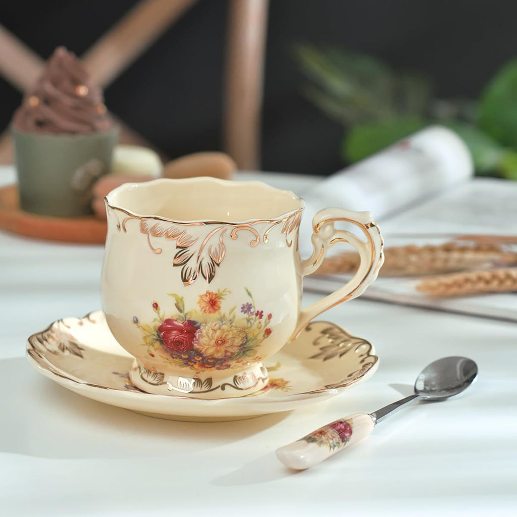 YOLIFE Vintage Floral Tea Cup and Saucer Set with Golden Trim - Elegant 8oz Ceramic Tea Service, Elegant Beige & Golden Floral Pattern, Dishwasher Safe (Hand Wash Recommended) - Luxury Tea Set for Women, Wedding, Anniversary, Housewarming Gifts - Elegant
