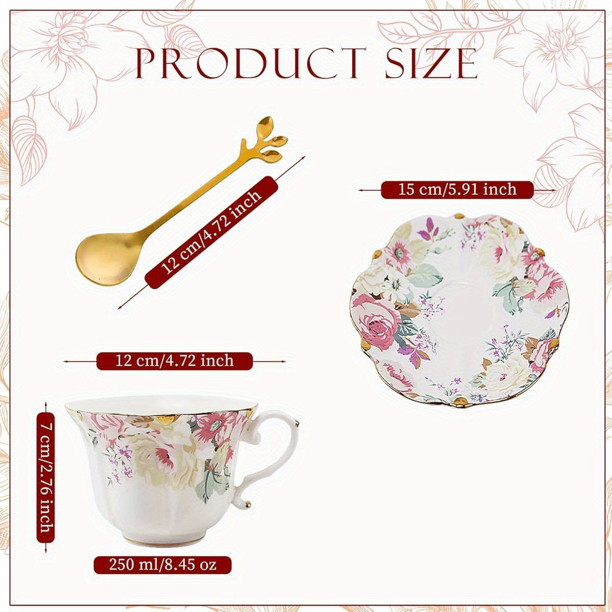 Country Roses Porcelain Tea Cup and Saucer Set with Golden Trim, 3pcs, Vintage Style, for Women and Tea Parties ( 1, Pink)