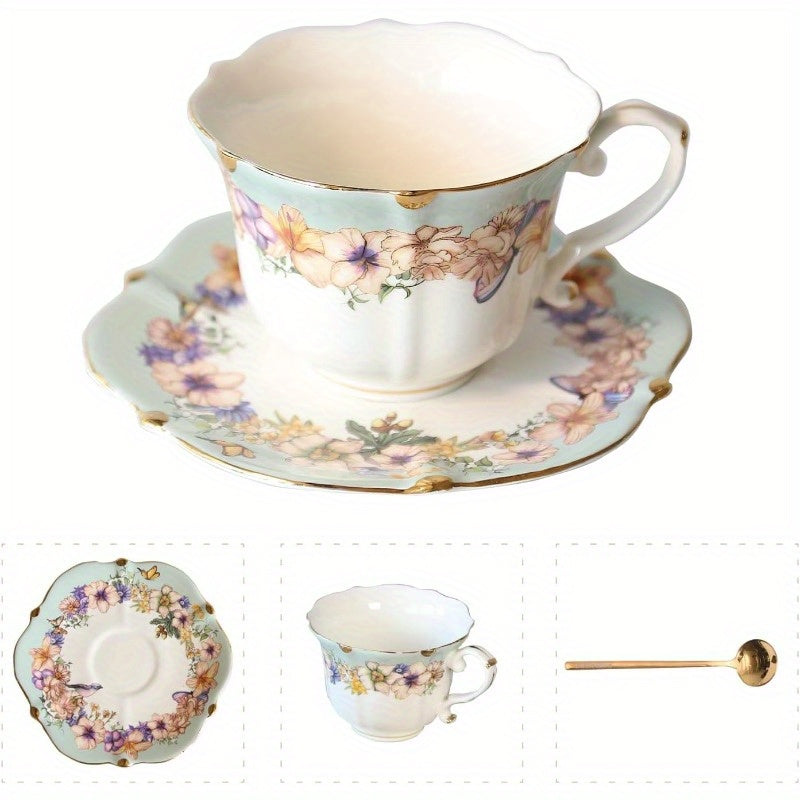 1 Set Vinta Floral Porcelain Tea Cup and Saucer Set with Spoon - Golden Trim Elegant Teal Blue & Pastel Floral Design, 6.4oz Cup & Saucer, Fine China for Tea, Coffee, Espresso - Vintage-Inspired Luxury Tableware for Home or Gifting