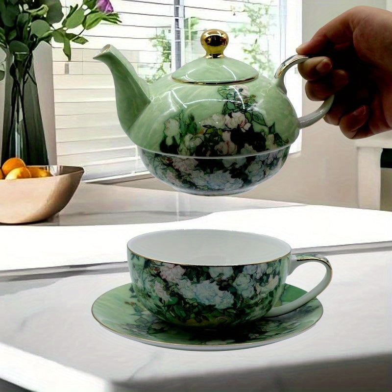 Porcelain 13oz Tea for One Teapot and Cup Set Vintage Floral Ceramic Tea Set European Style Tea pot and Saucer Set White Roses, Tea Pot And Cup Set, Tea Set with Pot And Cups, Tea Cup Set with Pot, Chinese Tea Set, Tea Cups Set, Home Tea Ceremony,