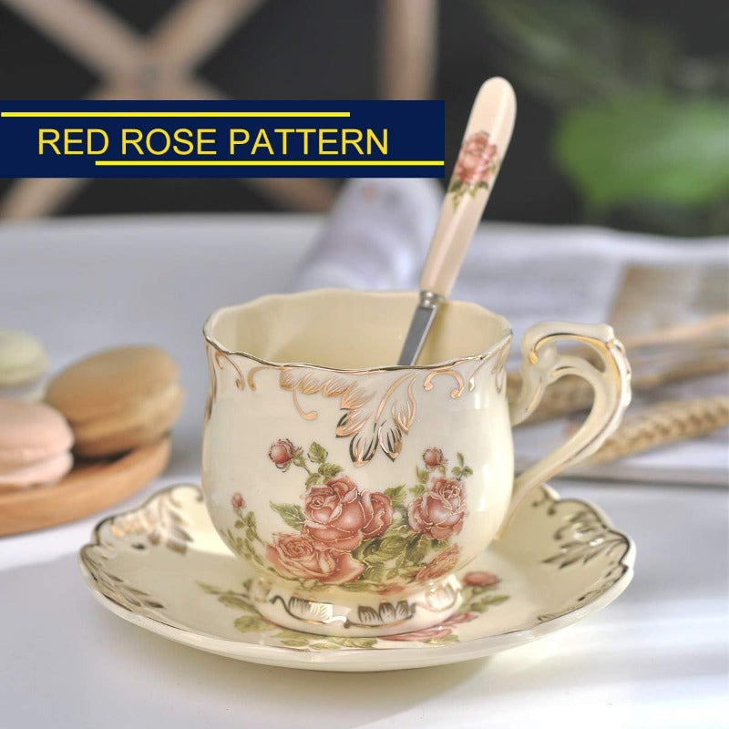 Ivory Pink Rose Tea Cups and Saucers Set of 6 8oz Vintage Floral Porcelain Tea Cups Set Coffee Cups with Golden Rack
