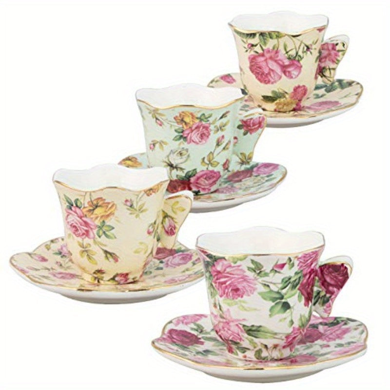 Gracie China Rose Chintz 2Ounce Porcelain Espresso Cup and Saucer Set with Butterfly Handles - 4pcs, Floral Design, White Porcelain, Perfect for Coffee or Tea, Coffee Bar Accessories | Floral Pattern Cup | Durable Porcelain
