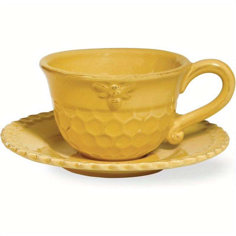 Emed Stoneware Teacup and Saucer Set 8Ounces Honeycomb - Elegant Yellow Glass Cup with Floral Design, Perfect for Travel, Hand Wash Only, Ideal for Tea and Coffee, Travel Drinkware | Floral Pattern Cup | Durable Glassware, Tea Cup Set