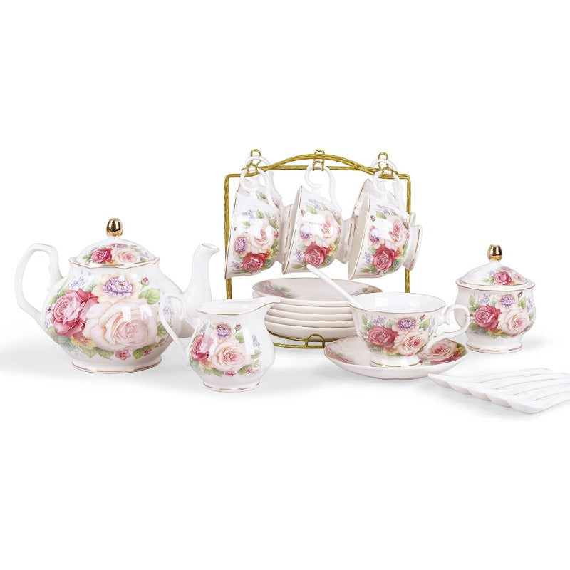 fanquare European Porcelain Coffee & Tea Set - Vintage Floral Bone China with Pink Roses & Golden Rim, Elegant Teapot & Cups with Saucers and Sugar Bowls for Women, Elegant Gift Box, Durable & Easy-Clean Surface, Ideal for Home, Office, or Special