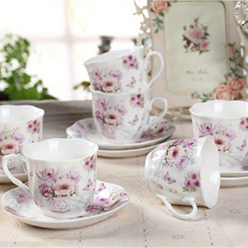 Elegant Tea Cups and Saucers Set of 6 7oz Floral Porcelain Teacup Set for Women Microwave Dishwasher Safe Ideal Gift for Tea Lovers