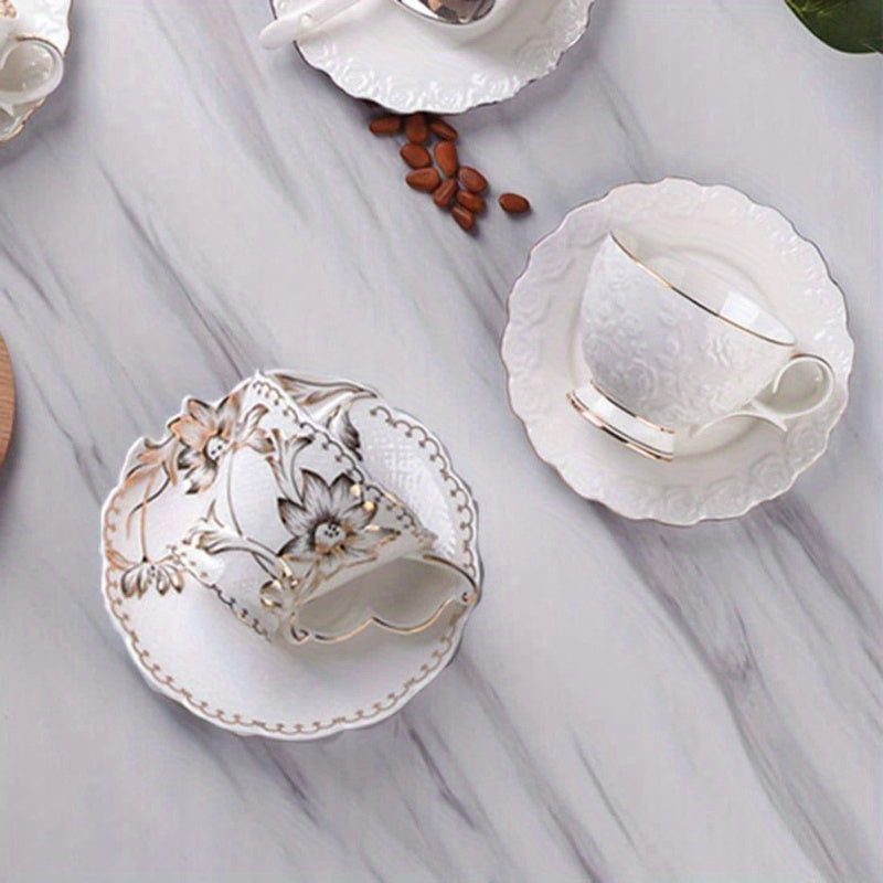 1pc Vintage Bone China Tea Cup and Saucer Set - Elegant Floral Teacup with Golden-Rimmed Edge, 6.8oz Capacity, Euro Style Elegant Tableware for Tea Parties, Weddings, Everyday Use - Dainty White & Golden Bone China Dinner Party Set, Ideal Gift for Women