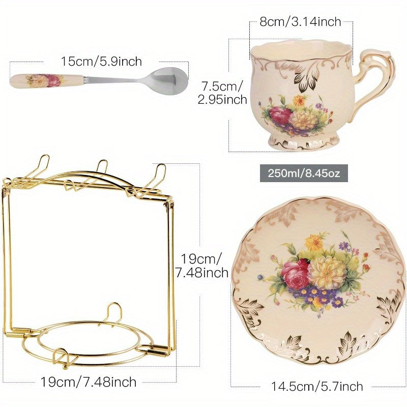 Flowering Shrubs Tea Cups and Saucers Set of 6 Ivory Ceramic Floral Tea Cups Set with Golden Rack Coffee Cups 8oz, Cups for Tea, Porcelain Tea Cup, Teacup, Tea Sets, Elegant Tableware, Tea Party Supplies, Vintage Tea Ware, Decorative Teacups, Fine China