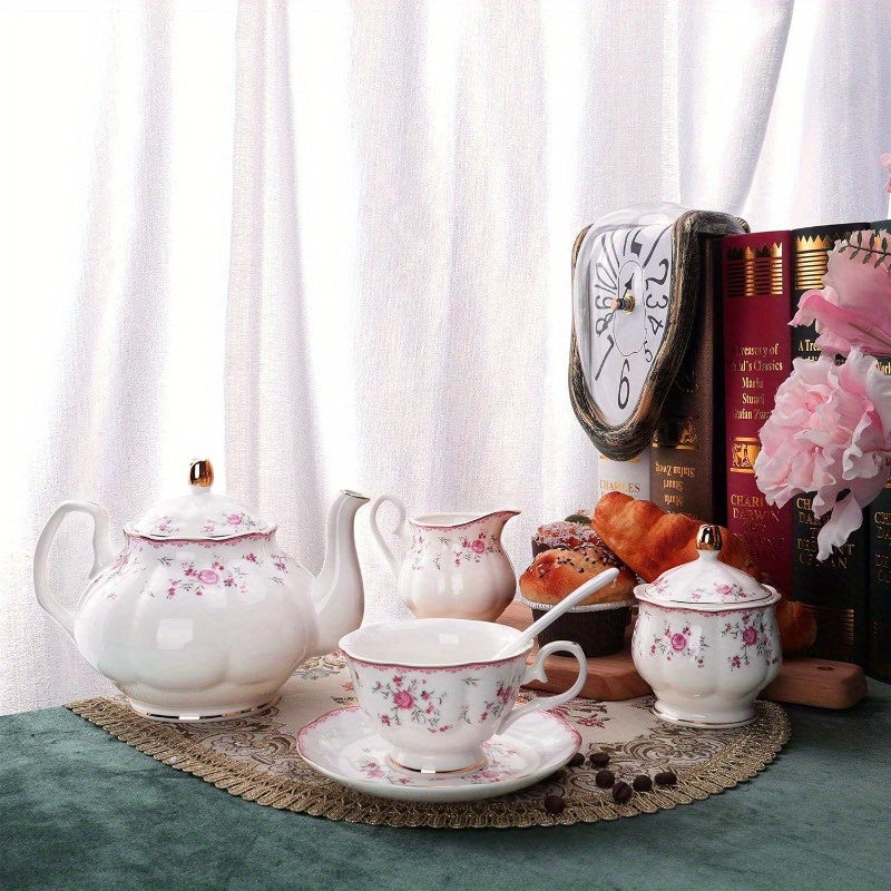Vintage Floral Tea Set for Women - Elegant Pink Rose & White Porcelain Tea Party Set with Teapot, Cups & Saucers, Spoons - Wedding, Bridal Shower, Tea Party Decorations - Durable & Easy-Clean Porcelain for Formal or Everyday Use - Ideal Gift for Tea