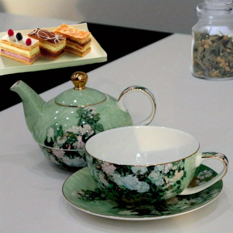 Porcelain 13oz Tea for One Teapot and Cup Set Vintage Floral Ceramic Tea Set European Style Tea pot and Saucer Set White Roses, Tea Pot And Cup Set, Tea Set with Pot And Cups, Tea Cup Set with Pot, Chinese Tea Set, Tea Cups Set, Home Tea Ceremony,