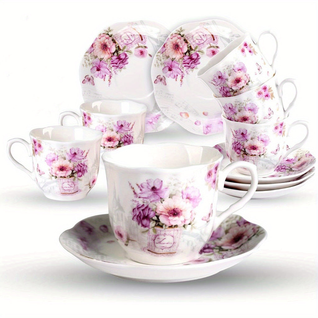 China Tea Cups And Saucers Set of 6- 7Ounce/ 200Ml - Tea Gift Sets for Adults - Purple Floral Porcelain Teacup with Saucer for Tea Party( Total 12pcs)