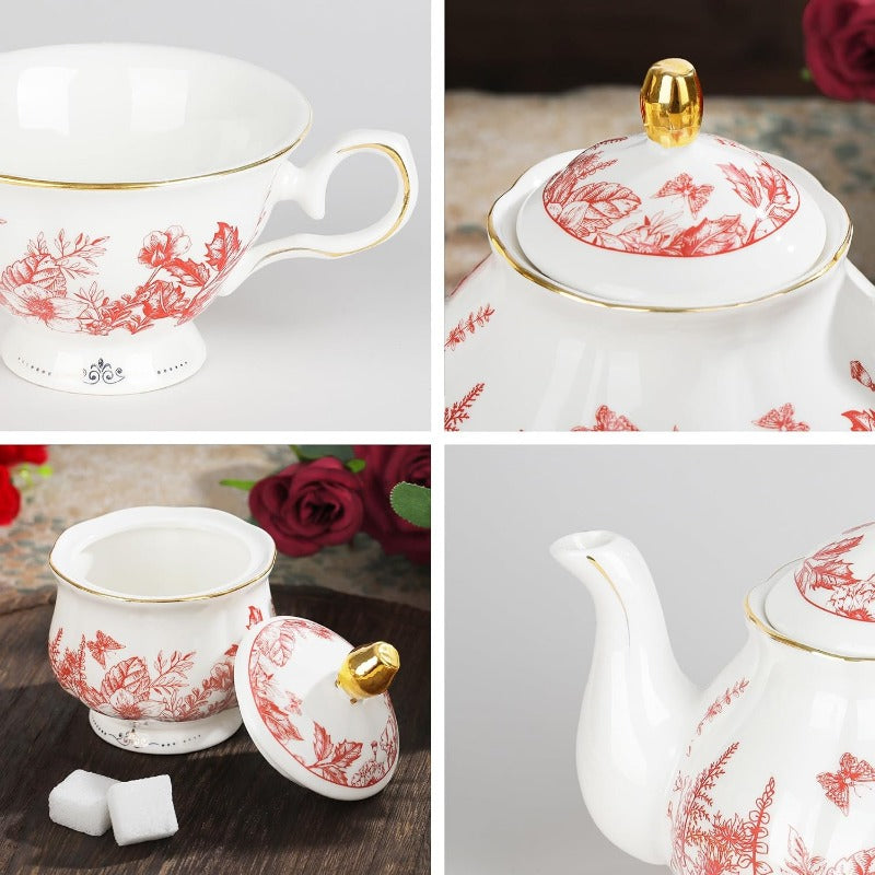 22pcs Vintage Red Floral Porcelain Tea Set with Golden-Rimmed White & Pink Bone China Tea Service, Elegant Serving Tray & Storage Holder - Wedding, Birthday, Anniversary Gift for Women, Tea Party, Everyday Use - Durable & Safe Mineral-Based Porcelain,