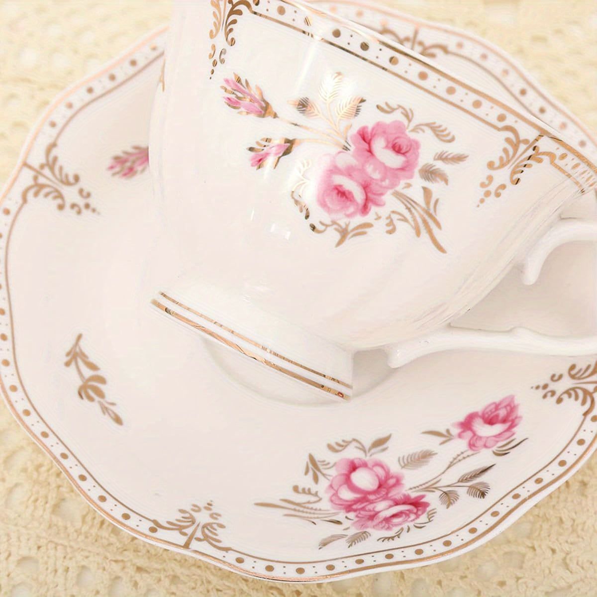 7, 4oz Floral Porcelain Tea Cup and Saucer Set, Light Pink Coffee Cup with Golden Trim, Vintage British Tea Cup, Elegant Tableware for Home or Restaurant Use, Durable and Stylish Design, Tea Cup Set, Restaurant Tableware, Classic Elegance, Highquality