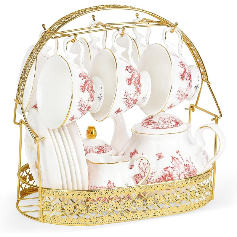 22pcs Vintage Red Floral Porcelain Tea Set with Golden-Rimmed White & Pink Bone China Tea Service, Elegant Serving Tray & Storage Holder - Wedding, Birthday, Anniversary Gift for Women, Tea Party, Everyday Use - Durable & Safe Mineral-Based Porcelain,