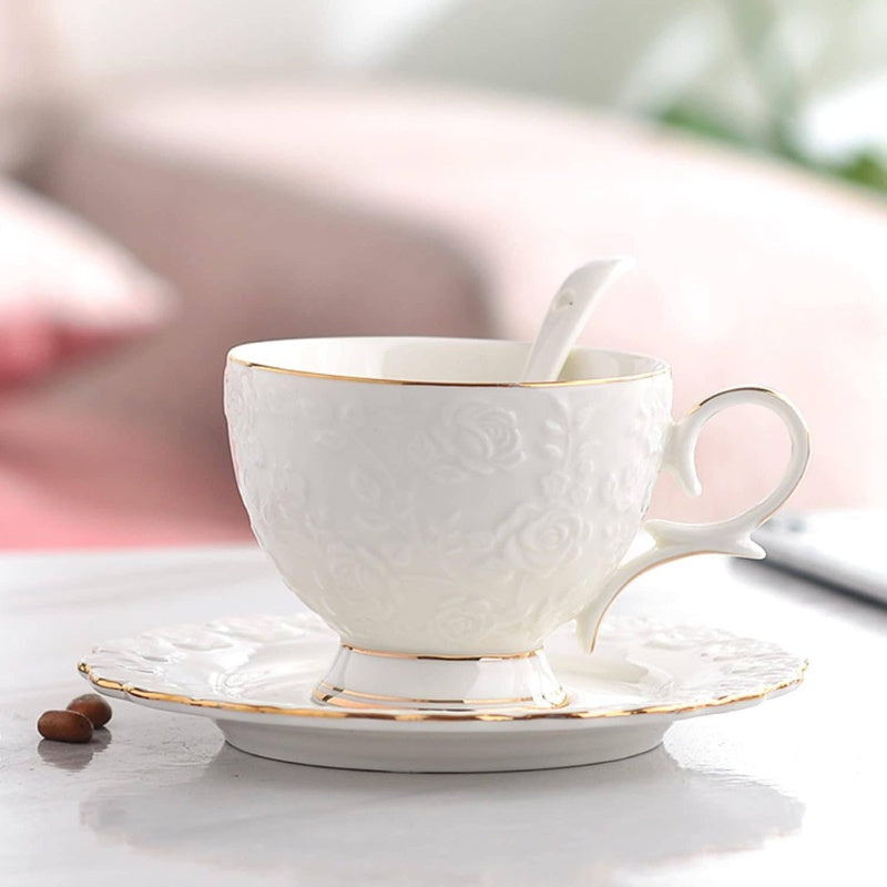 1pc Vintage Bone China Tea Cup and Saucer Set - Elegant Floral Teacup with Golden-Rimmed Edge, 6.8oz Capacity, Euro Style Elegant Tableware for Tea Parties, Weddings, Everyday Use - Dainty White & Golden Bone China Dinner Party Set, Ideal Gift for Women
