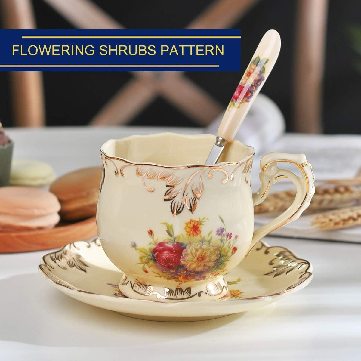 YOLIFE Vintage Floral Tea Cup and Saucer Set with Golden Trim - Elegant 8oz Ceramic Tea Service, Elegant Beige & Golden Floral Pattern, Dishwasher Safe (Hand Wash Recommended) - Luxury Tea Set for Women, Wedding, Anniversary, Housewarming Gifts - Elegant