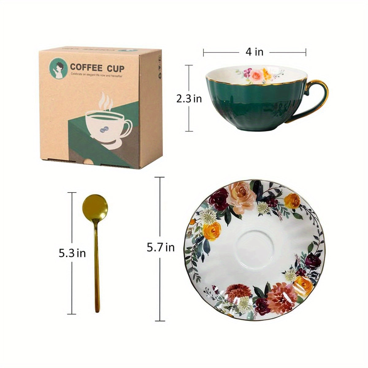Green Tea Cup and Saucer, Porcelain Coffee Cup Royal Ceramic Floral Lined Design Teacup with Golden Trim and Spoon, 8oz Vintage China Mug Cup for Latte, Cappuccino, Tea Sets Birthday Gift, Tea Cup Set with Tray, Cappuccino Cup, Coffee Cup And Saucer Set,