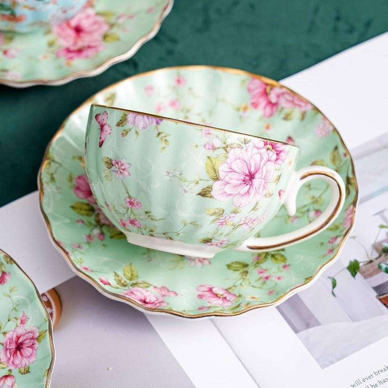 Tea Cup and Saucers 6. 4oz Floral Tea Cups with Golden Trim Porcelain Bone China Teacup Coffee Cappuccino Espresso Latte Mugs for Party Birthday Party Cafe Home Christmas Gift Green