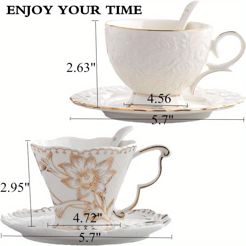 1pc Vintage Bone China Tea Cup and Saucer Set - Elegant Floral Teacup with Golden-Rimmed Edge, 6.8oz Capacity, Euro Style Elegant Tableware for Tea Parties, Weddings, Everyday Use - Dainty White & Golden Bone China Dinner Party Set, Ideal Gift for Women