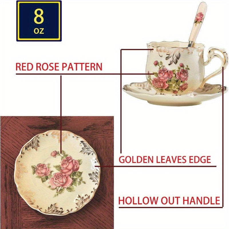 Ivory Pink Rose Tea Cups and Saucers Set of 6 8oz Vintage Floral Porcelain Tea Cups Set Coffee Cups with Golden Rack