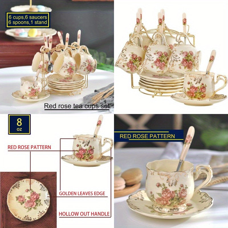 Ivory Pink Rose Tea Cups and Saucers Set of 6 8oz Vintage Floral Porcelain Tea Cups Set Coffee Cups with Golden Rack