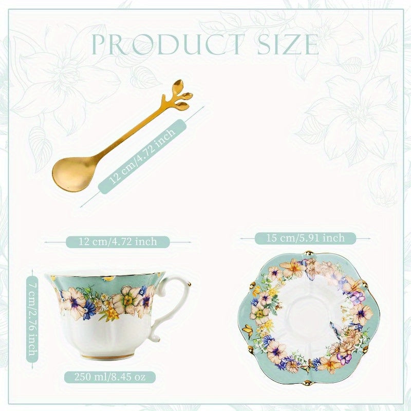 3pcs Vintage Floral Tea Cup and Saucer Set with Golden Trim - Light Cyan Porcelain, Insulated Ceramic, Hand Wash Only, Ideal for Women'S Tea Parties, Includes 1 Cup and 2 Saucers, Tea Party Essentials | Elegant Tableware | Durable Ceramic, Tea Party