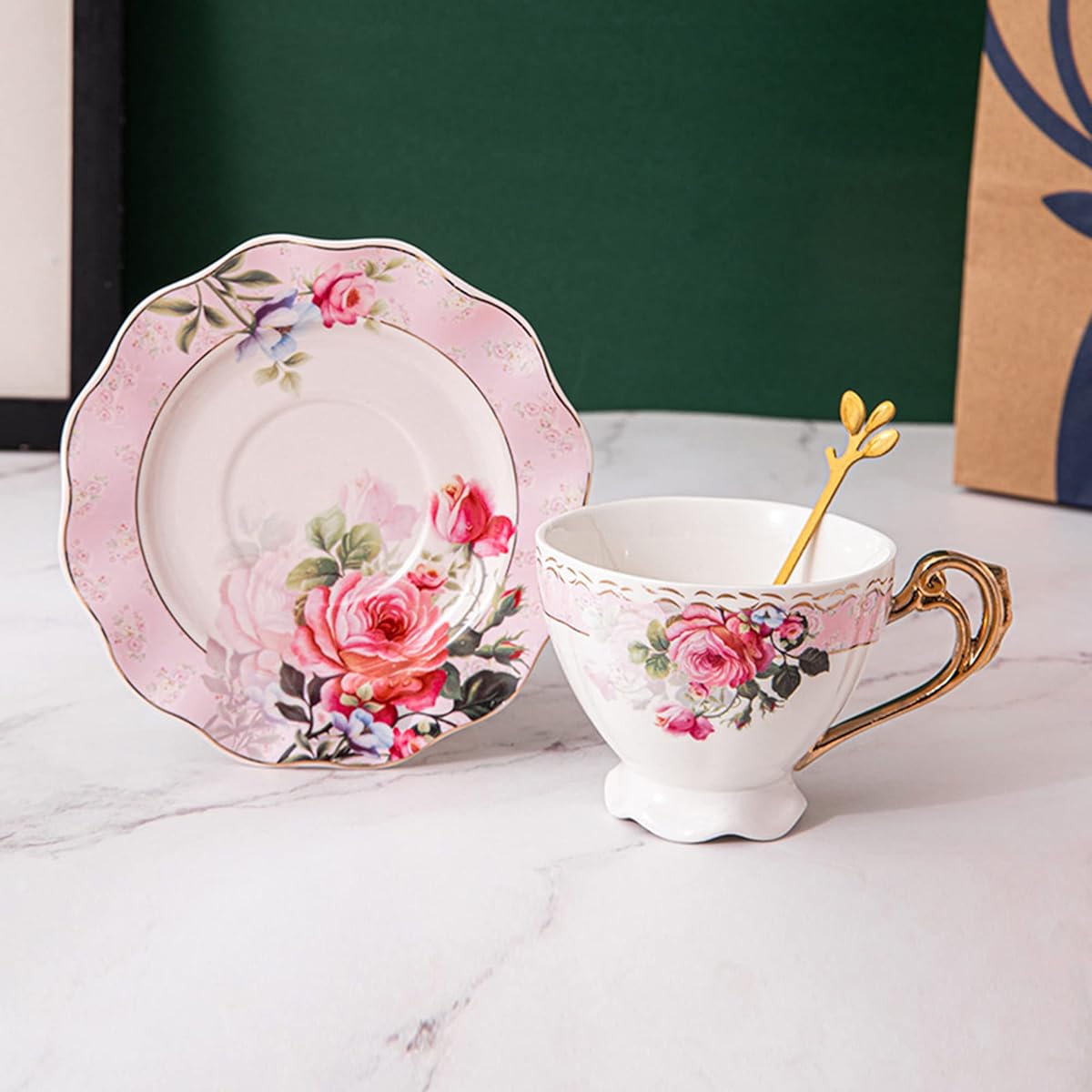 Pink Floral Porcelain Tea Cup & Saucer Set with Golden Handle - Elegant Wavy Edge 7oz Mug, Pink Roses & Green Foliage Design, Durable Heat-Retaining Coffee Cup for Tea, Coffee, Hot Beverages - Ideal for Home, Office, or Gift, Home Dining Accessories,