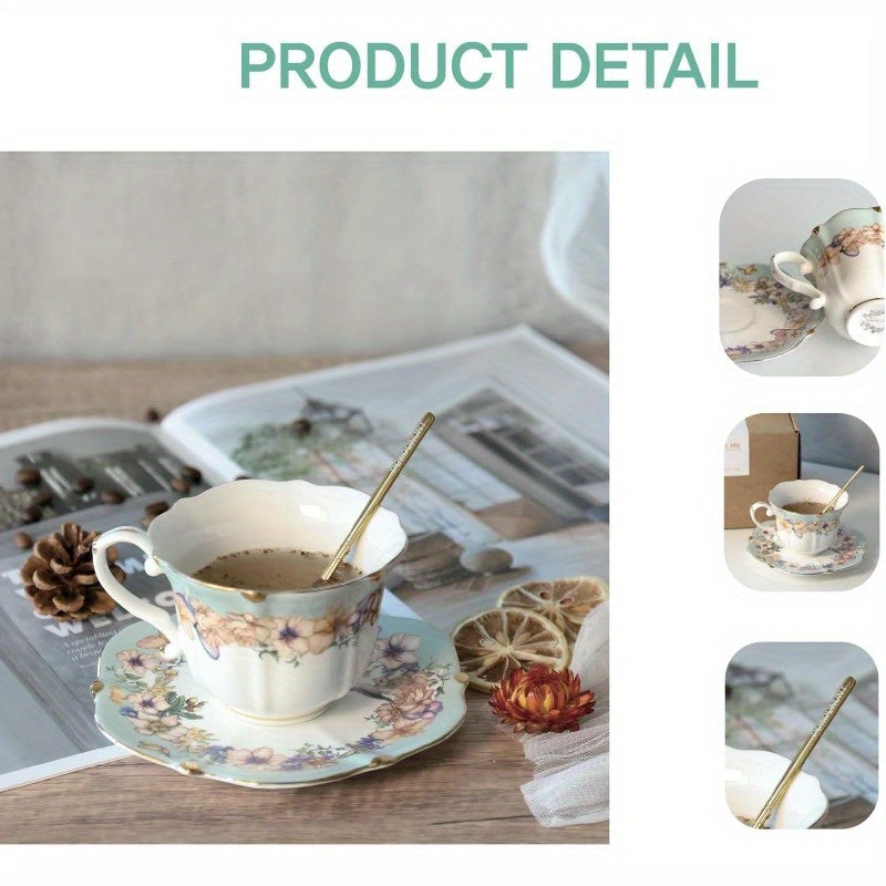1 Set Vinta Floral Porcelain Tea Cup and Saucer Set with Spoon - Golden Trim Elegant Teal Blue & Pastel Floral Design, 6.4oz Cup & Saucer, Fine China for Tea, Coffee, Espresso - Vintage-Inspired Luxury Tableware for Home or Gifting