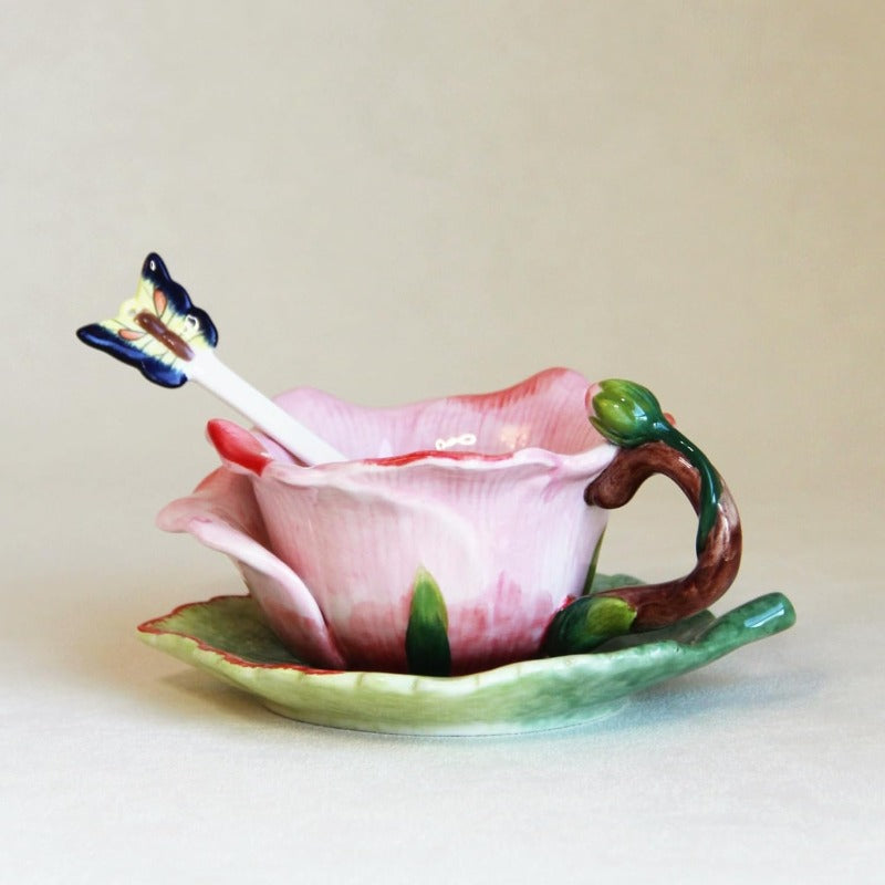 1pc Elegant Hand-Painted Ceramic Tea Cup and Saucer Set with Butterfly Spoon - 6oz Pink Rose & Green Leaf Floral Design, Soft Pastel Colors (Pink, Green, Yellow, Brown) - Hand-Painted Dolomite Ceramic Mug for Coffee, Tea, Hot/Cold Drinks - Decorative Gift