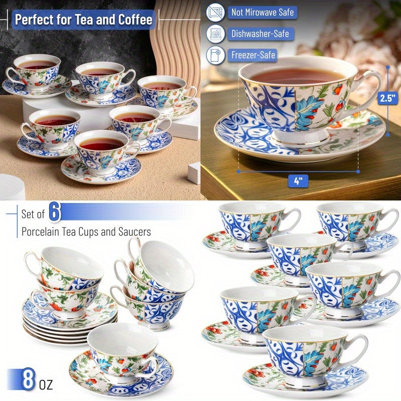 BTaT Set of 6 Vintage Indigo Bloom Floral Porcelain Tea Cups & Saucers - 8oz Elegant Blue & White Bone China-Style Cups with Dishwasher Safe Design, Microwave & Freezer Safe, Stackable for Space-Saving Storage - Ideal for Tea, Coffee, Home or Gifting,