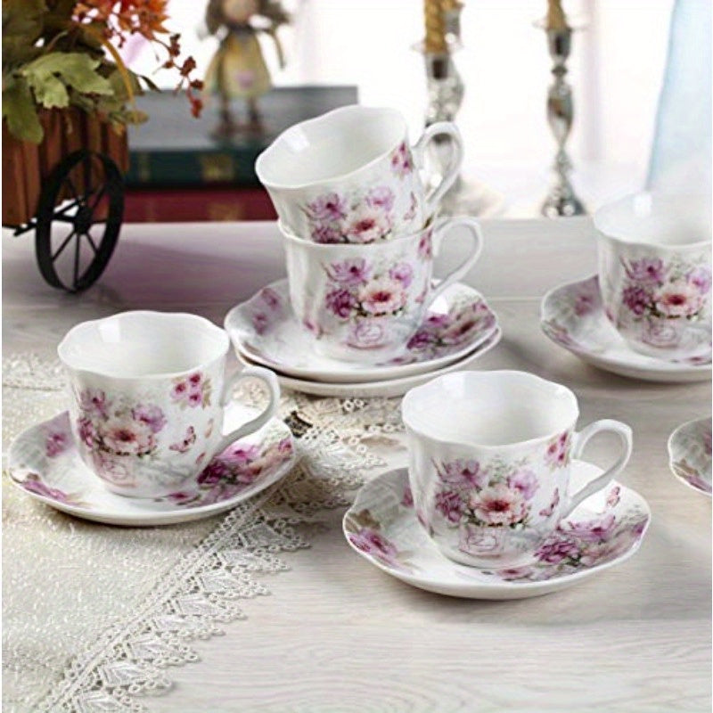 Elegant Tea Cups and Saucers Set of 6 7oz Floral Porcelain Teacup Set for Women Microwave Dishwasher Safe Ideal Gift for Tea Lovers