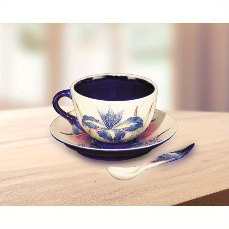 Springdale Collection Hand-Painted Iris Floral Porcelain Cup & Saucer Set - Blue Iris Flowers on, Rectangular Saucer, Elegant Tea/Coffee Set, Durable Porcelain, Perfect Gift for Home Decor (5" Diameter, 3.5" Height)