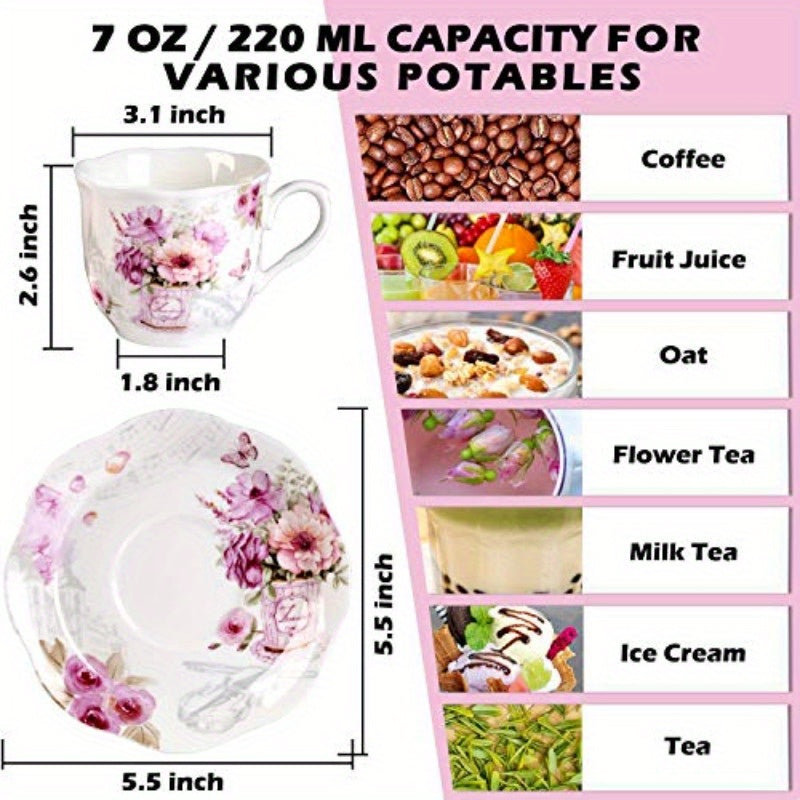 Elegant Tea Cups and Saucers Set of 6 7oz Floral Porcelain Teacup Set for Women Microwave Dishwasher Safe Ideal Gift for Tea Lovers